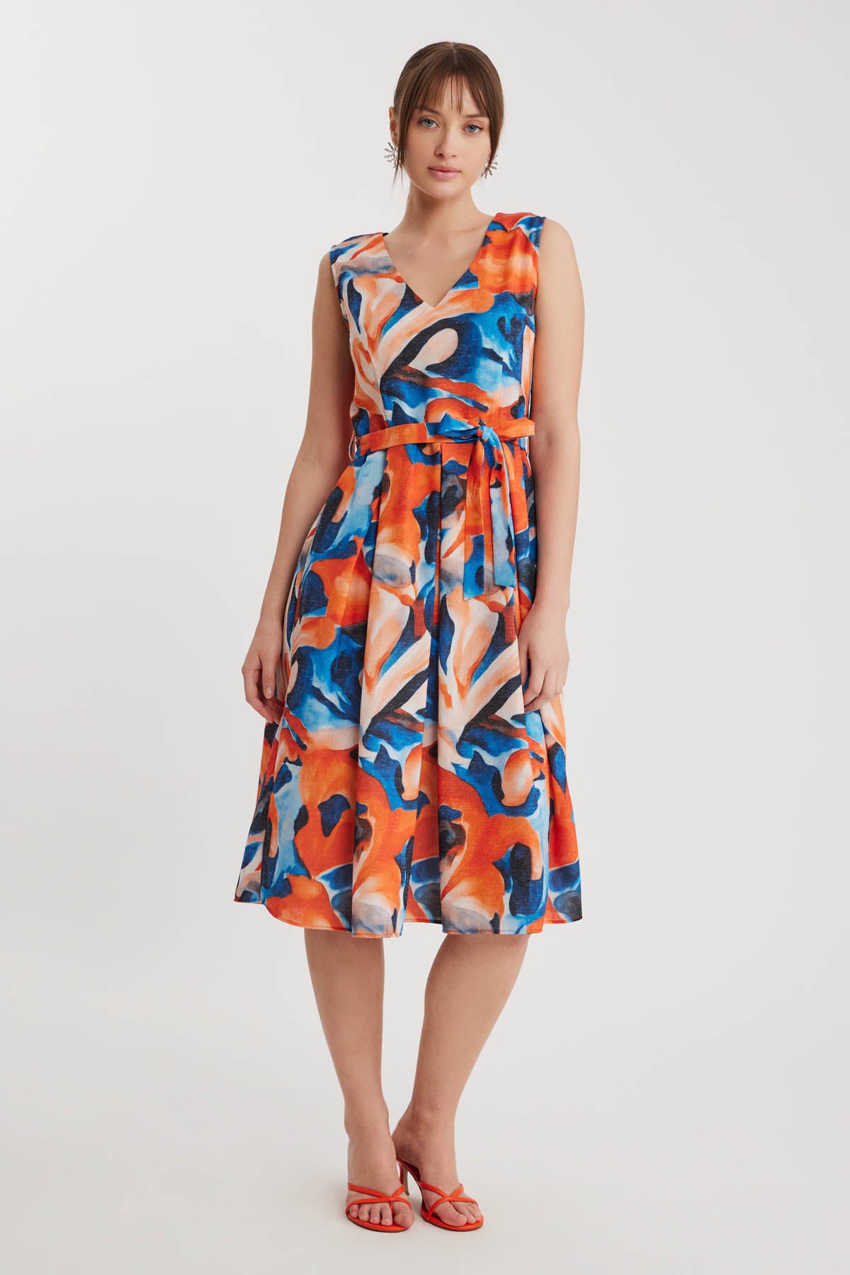 V COLLAR PATTERNED  PLEATED BINDING DRESS