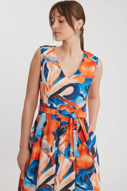 V COLLAR PATTERNED  PLEATED BINDING DRESS