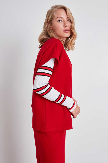 V COLLAR LOW SLEEVE KNITTED SWEAT