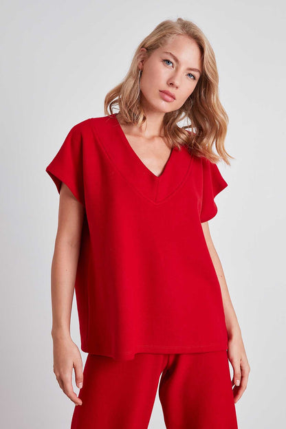 V COLLAR LOW SLEEVE KNITTED SWEAT