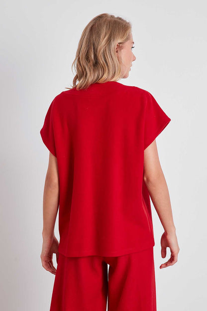 V COLLAR LOW SLEEVE KNITTED SWEAT
