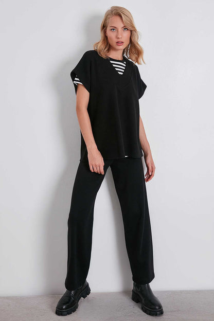 V COLLAR LOW SLEEVE KNITTED SWEAT
