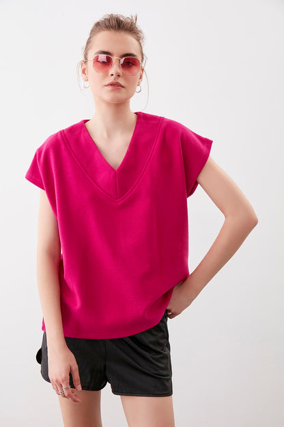 V COLLAR LOW SLEEVE KNITTED SWEAT