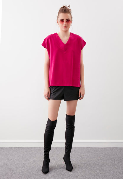 V COLLAR LOW SLEEVE KNITTED SWEAT