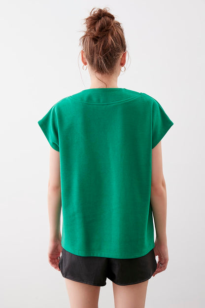 V COLLAR LOW SLEEVE KNITTED SWEAT