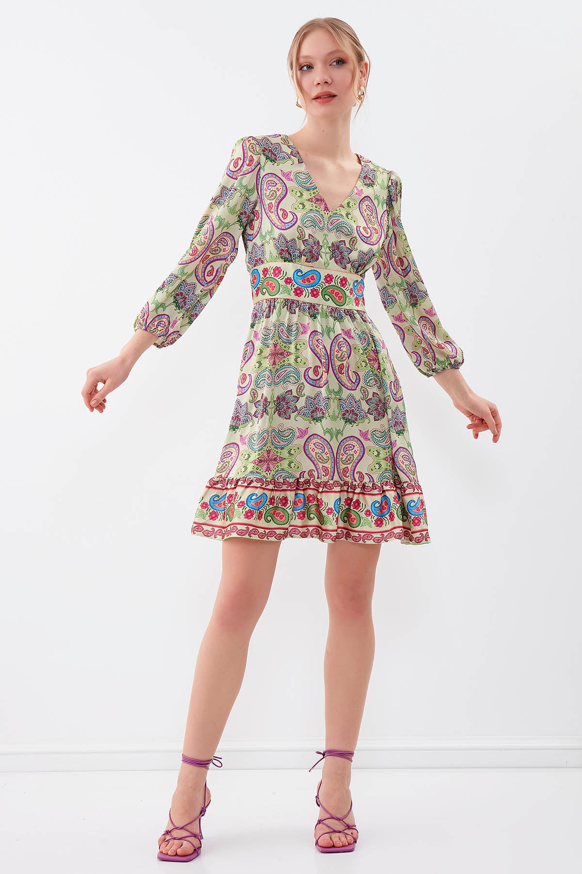 V COLLAR ETHNIC PATTERN DRESS