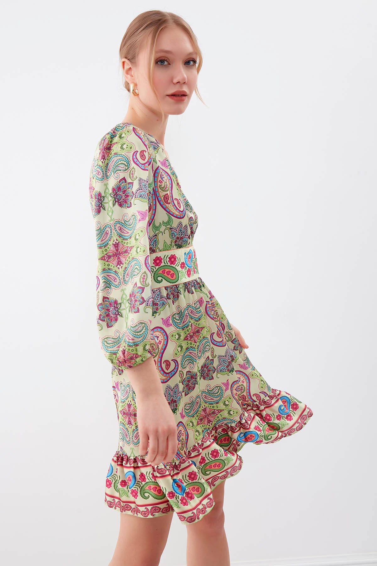 V COLLAR ETHNIC PATTERN DRESS
