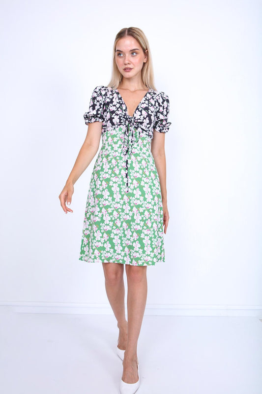 V COLLAR FLOWER PATTERN DRESS