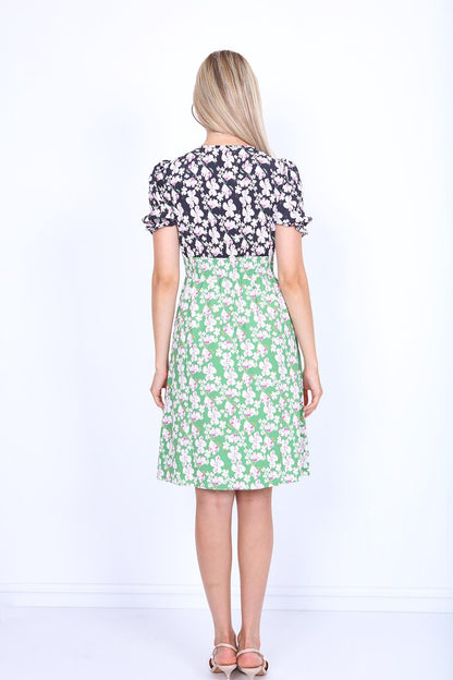 V COLLAR FLOWER PATTERN DRESS