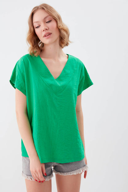 V COLLAR SHORT SLEEVE BLOUSE