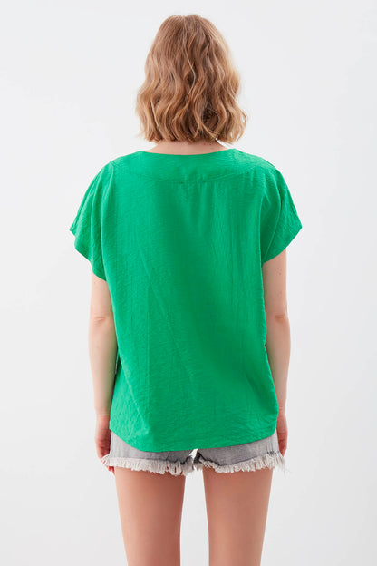 V COLLAR SHORT SLEEVE BLOUSE