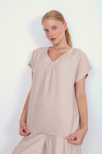 V COLLAR SHORT SLEEVE BLOUSE