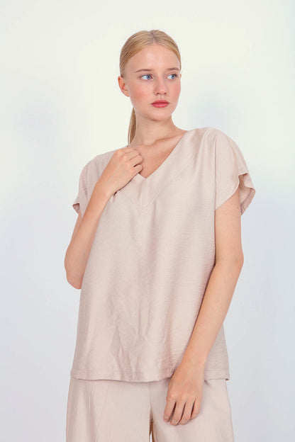 V COLLAR SHORT SLEEVE BLOUSE