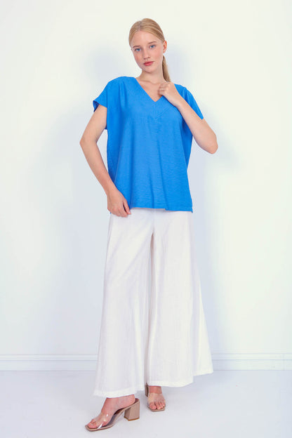 V COLLAR SHORT SLEEVE BLOUSE