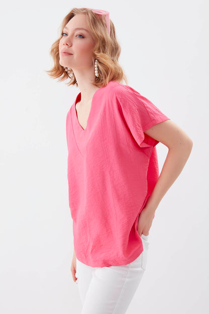 V COLLAR SHORT SLEEVE BLOUSE