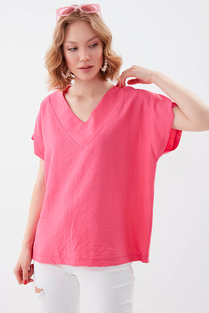 V COLLAR SHORT SLEEVE BLOUSE