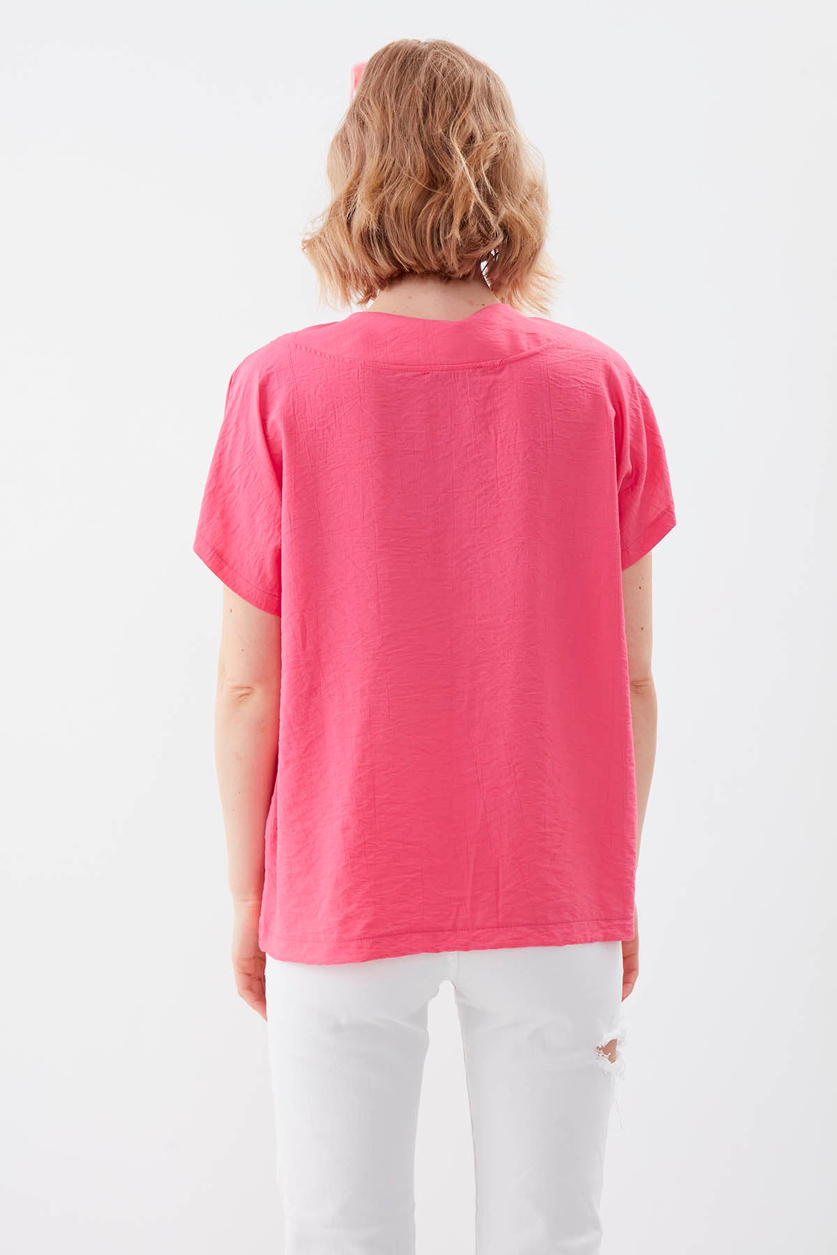 V COLLAR SHORT SLEEVE BLOUSE