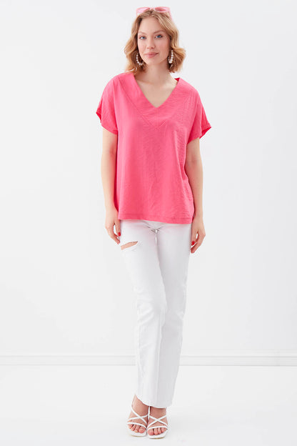 V COLLAR SHORT SLEEVE BLOUSE