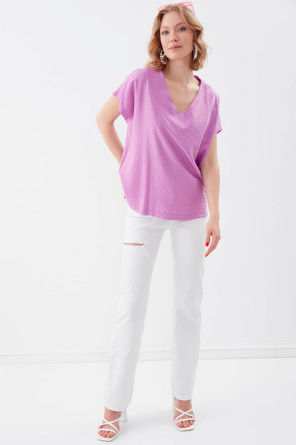 V COLLAR SHORT SLEEVE BLOUSE