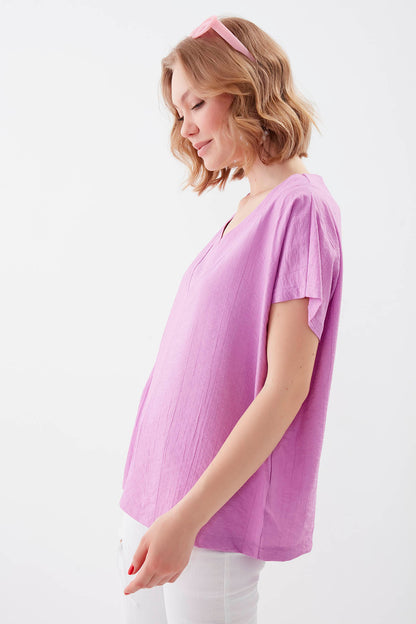 V COLLAR SHORT SLEEVE BLOUSE
