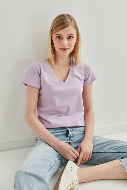V COLLAR SHORT SLEEVE COTTON T-SHIRT