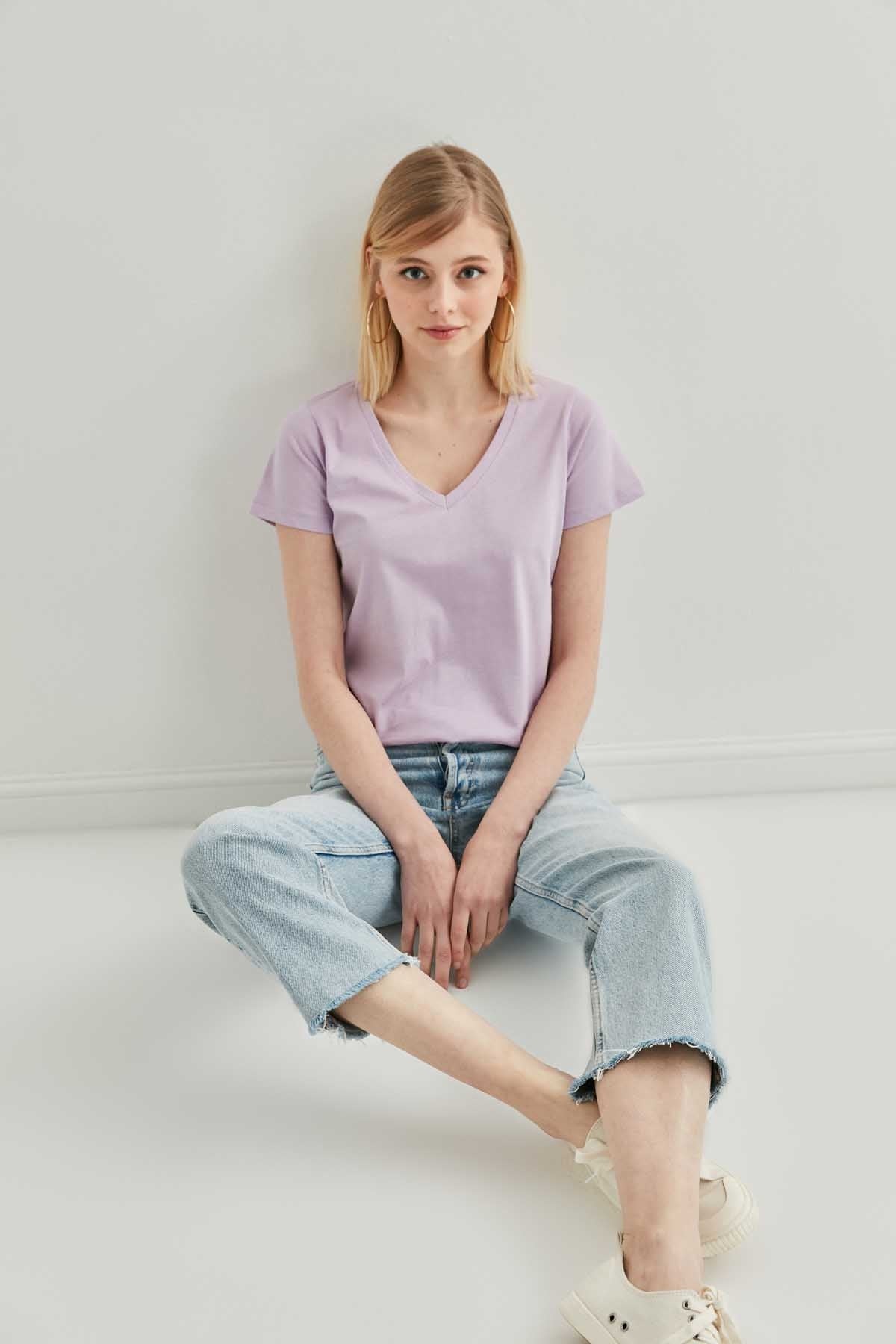 V COLLAR SHORT SLEEVE COTTON T-SHIRT