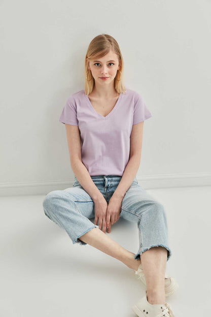 V COLLAR SHORT SLEEVE COTTON T-SHIRT