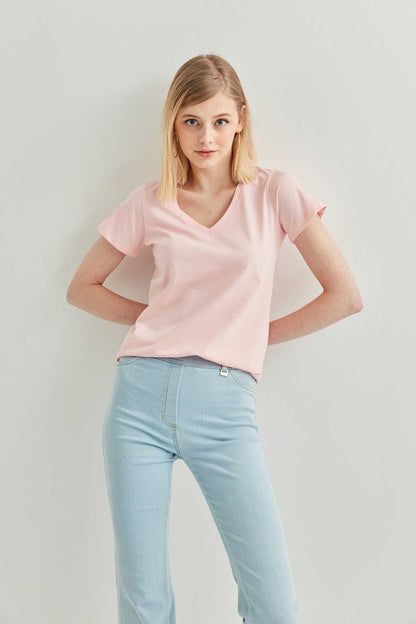 V COLLAR SHORT SLEEVE COTTON T-SHIRT