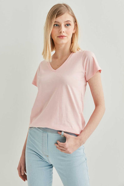 V COLLAR SHORT SLEEVE COTTON T-SHIRT