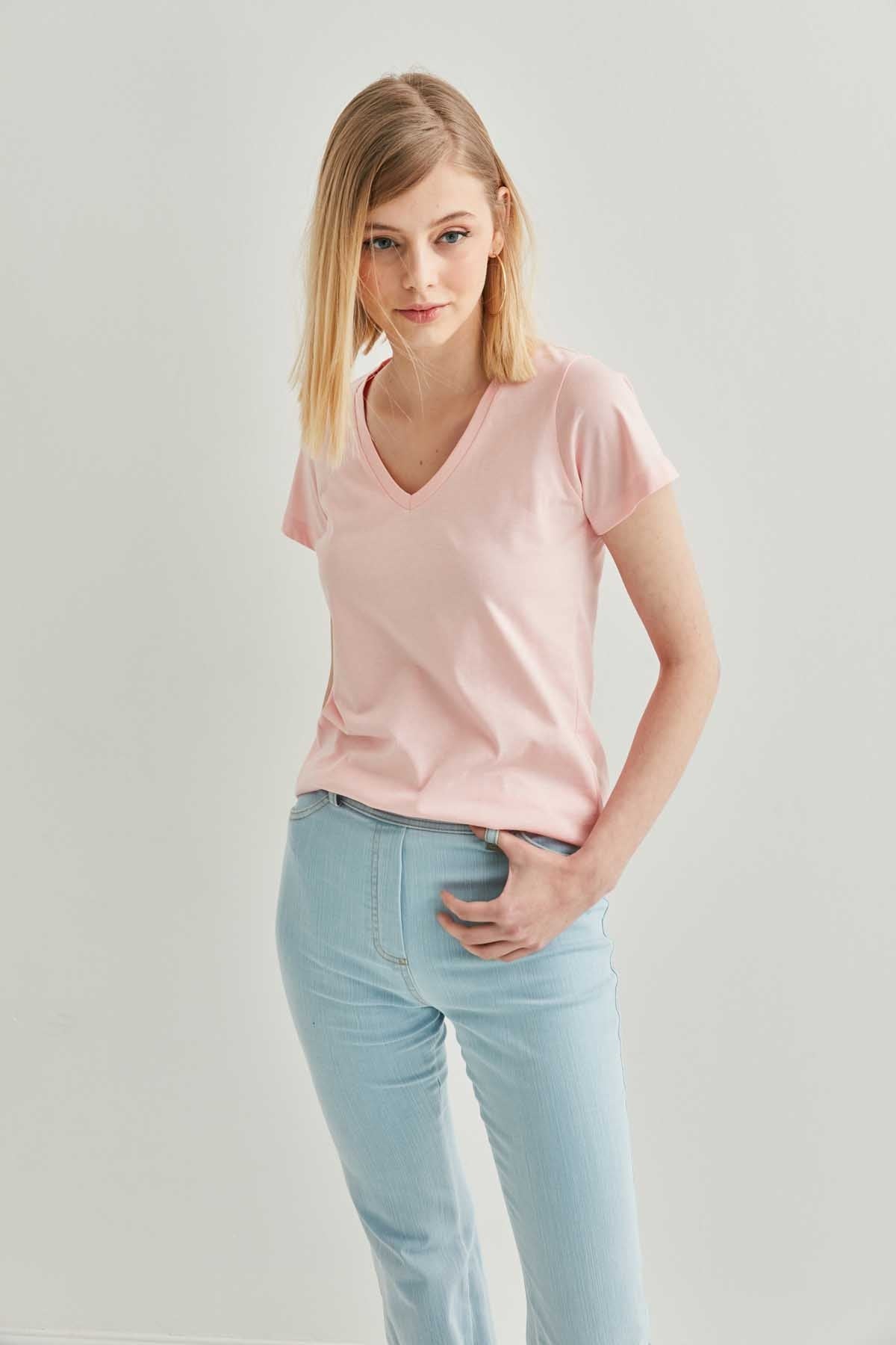 V COLLAR SHORT SLEEVE COTTON T-SHIRT