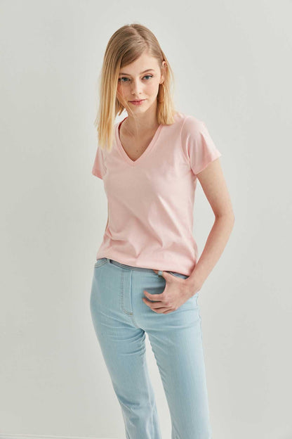 V COLLAR SHORT SLEEVE COTTON T-SHIRT