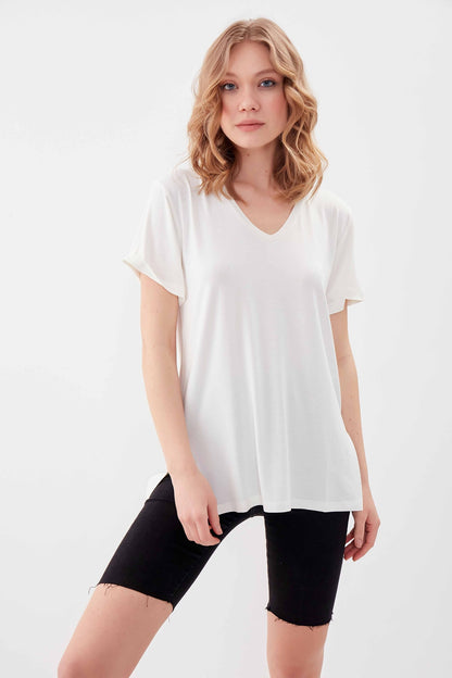 V COLLAR SHORT SLEEVE COTTON T-SHIRT