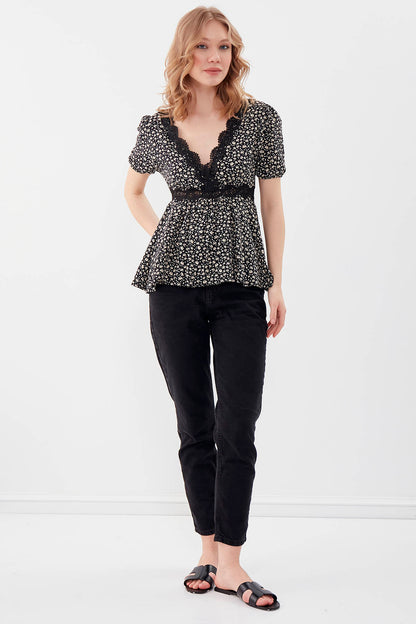 V COLLAR ELASTANE SLEEVE FLOWER PATTERNED BLOUSE