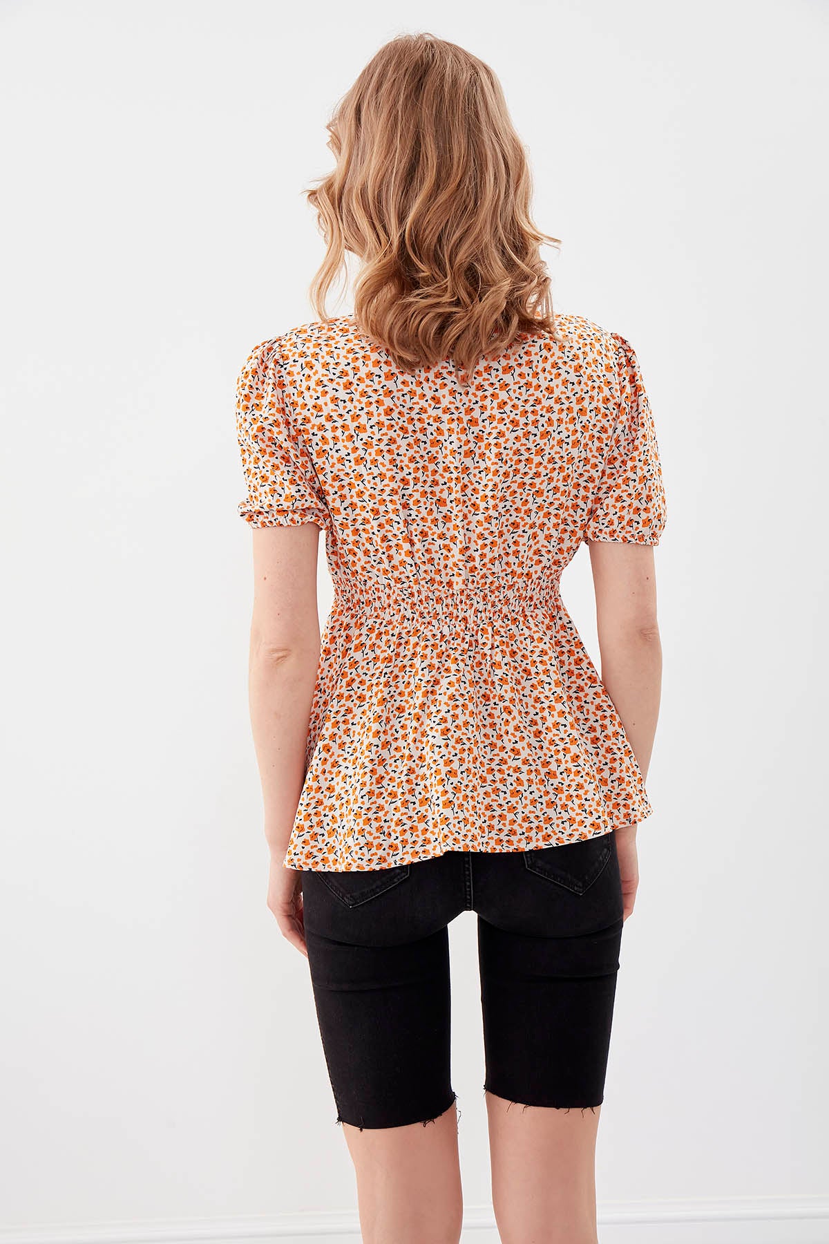 V COLLAR ELASTANE SLEEVE FLOWER PATTERNED BLOUSE