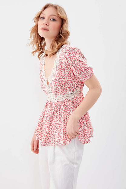 V COLLAR ELASTANE SLEEVE FLOWER PATTERNED BLOUSE