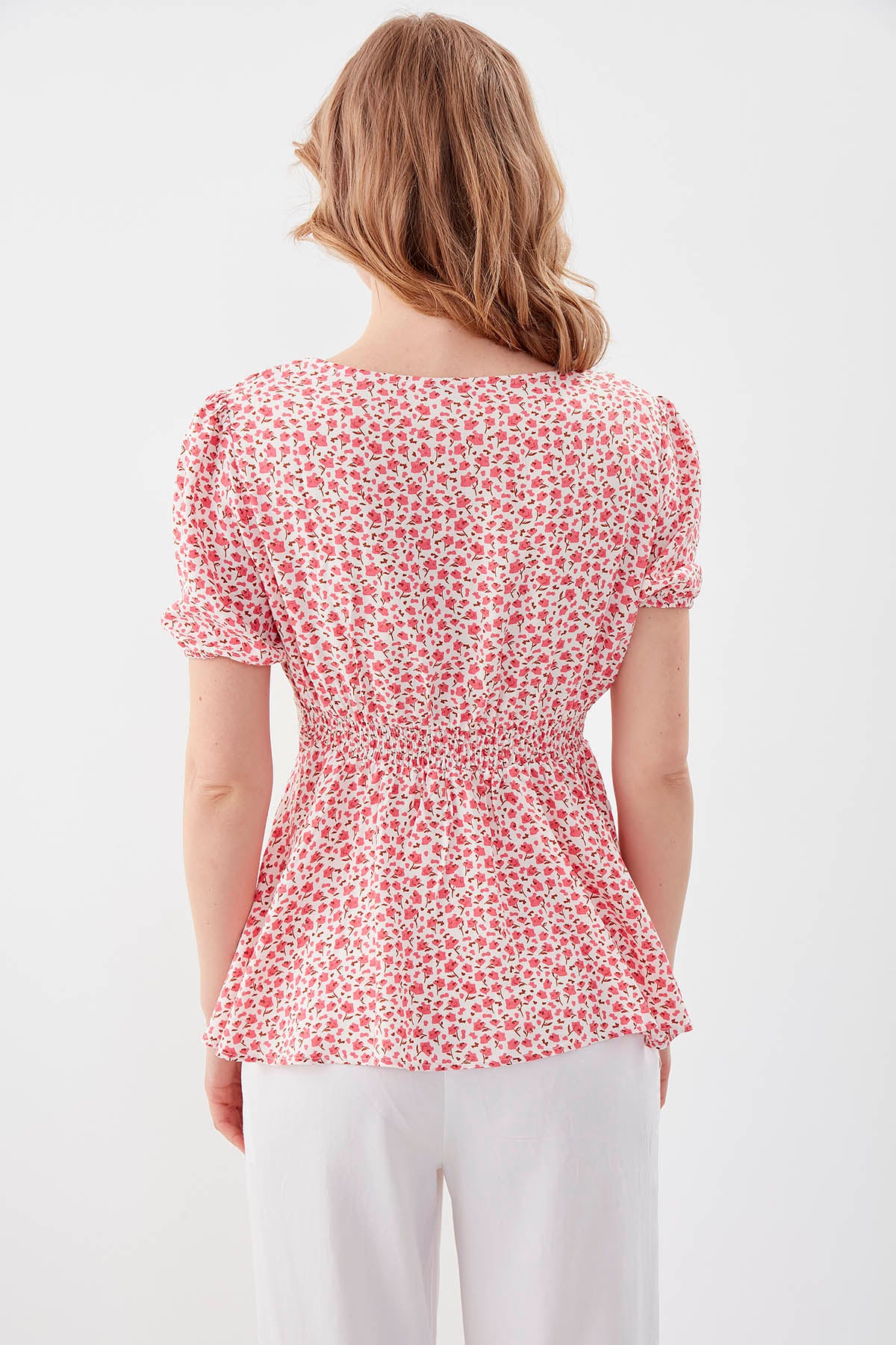 V COLLAR ELASTANE SLEEVE FLOWER PATTERNED BLOUSE