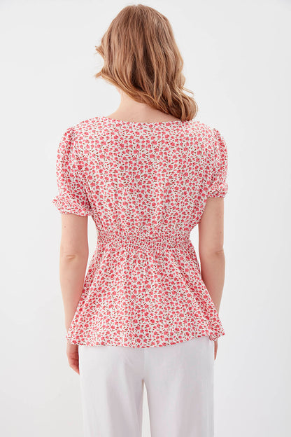 V COLLAR ELASTANE SLEEVE FLOWER PATTERNED BLOUSE