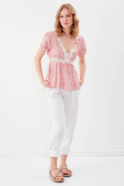 V COLLAR ELASTANE SLEEVE FLOWER PATTERNED BLOUSE