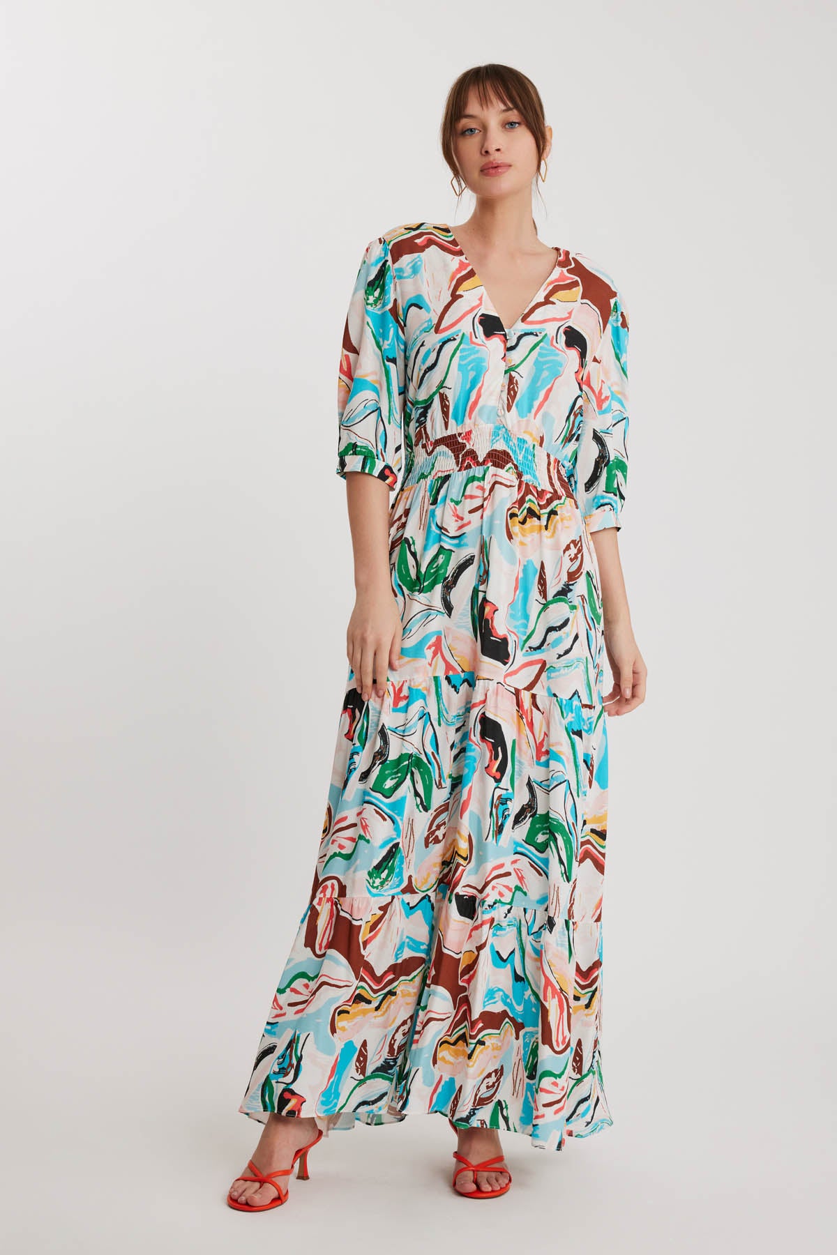 LONG DRESS WITH V COLLAR FRONT BUTTON PATTERN