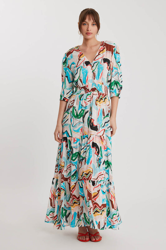 LONG DRESS WITH V COLLAR FRONT BUTTON PATTERN