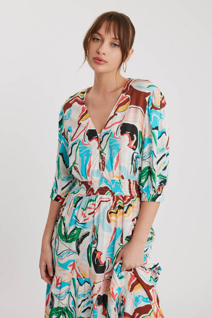 LONG DRESS WITH V COLLAR FRONT BUTTON PATTERN