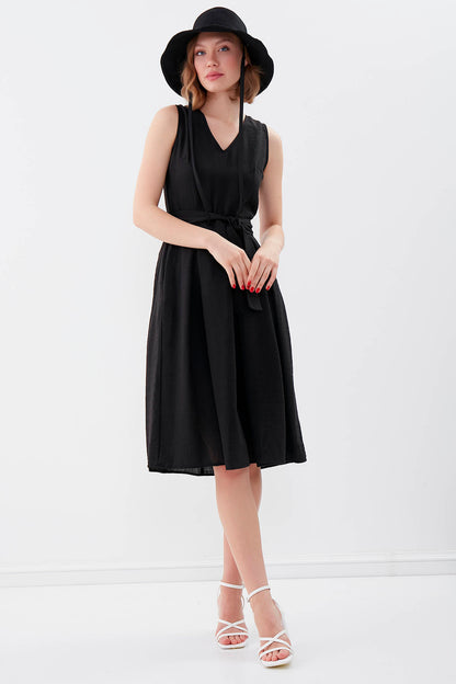 V COLLAR  PLEATED DRESS WITH TIE