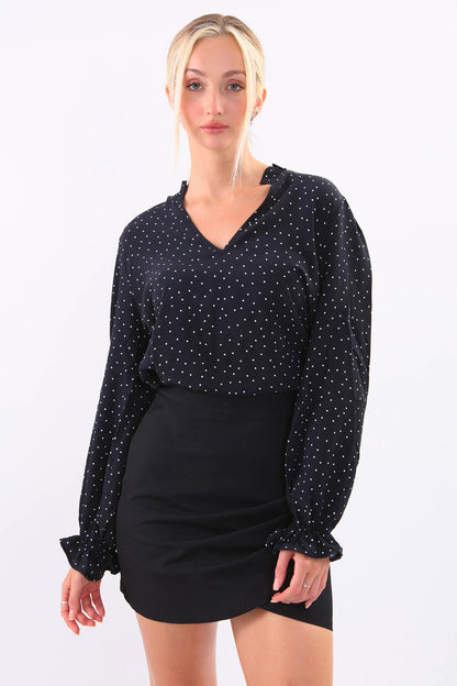 LONG SLEEVE BLOUSE WITH V COLLAR POINTS