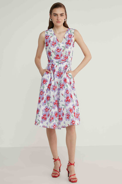 V COLLAR SLEEVELESS FLOWER PATTERN DRESS