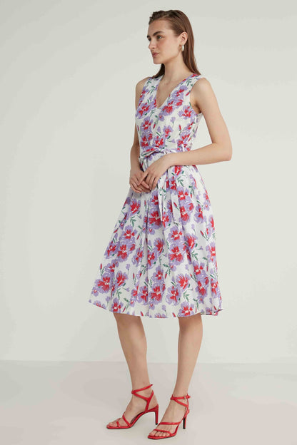 V COLLAR SLEEVELESS FLOWER PATTERN DRESS