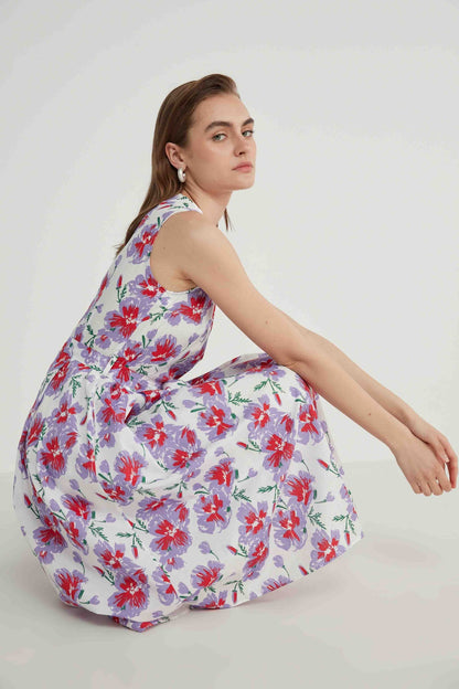 V COLLAR SLEEVELESS FLOWER PATTERN DRESS