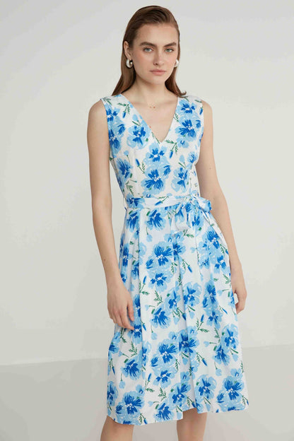 V COLLAR SLEEVELESS FLOWER PATTERN DRESS