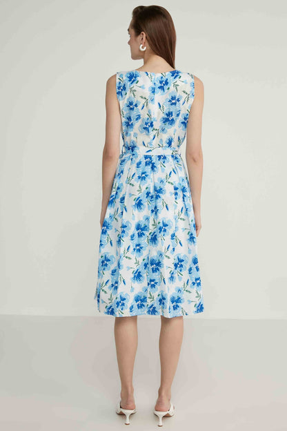 V COLLAR SLEEVELESS FLOWER PATTERN DRESS