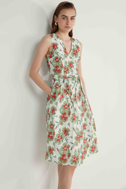 V COLLAR SLEEVELESS FLOWER PATTERN DRESS
