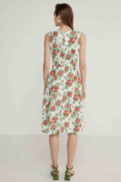 V COLLAR SLEEVELESS FLOWER PATTERN DRESS